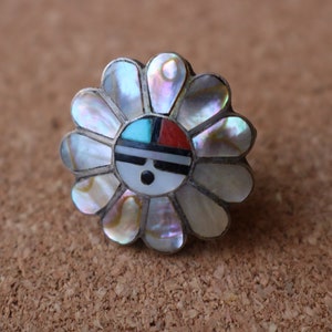 Sunface Pin / Southwest Tie Tack / Vintage Sterling Turquoise and Mother of Pearl Jewelry / Zuni