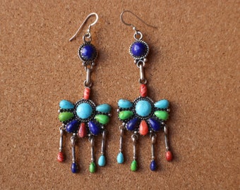 Long Southwest Earrings / Multi Stone Dangling Earrings / Colorful Spiny Oyster Jewelry