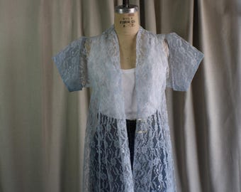 Vintage Lace Robe , Light Blue Transparent Duster, 50's Women's Loungewear