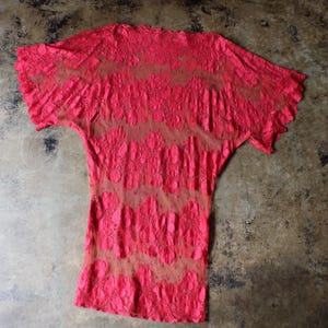 Vintage Red Lace Dress: 1980s Sheer Floral Party Dress