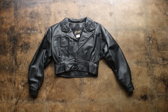 Black Leather Cropped Jacket / Vintage Fitted Wais