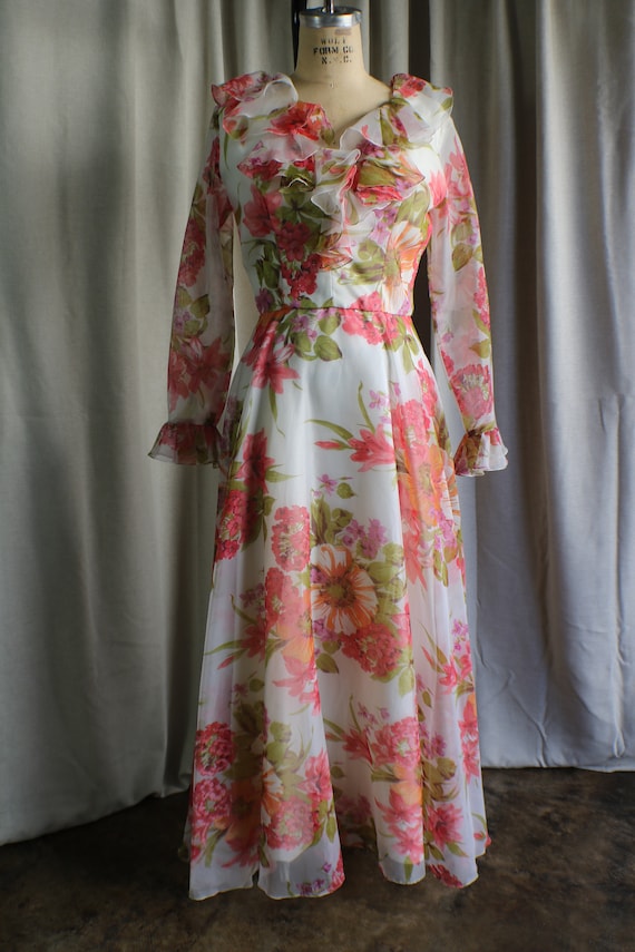 70's Floral Organza Dress / Vintage Ruffled Neckl… - image 3