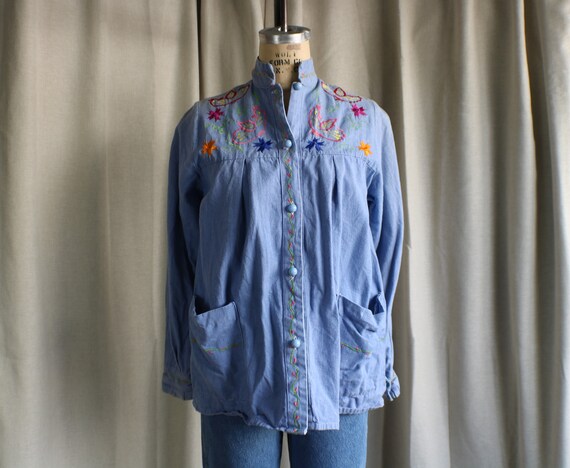 1970's Embroidered Denim Shirt / Women's Boho Blue Jean