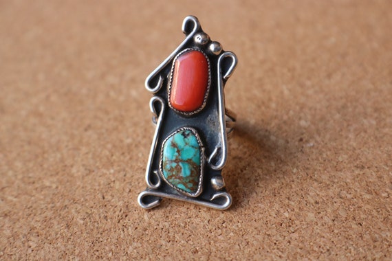 Rare Flat Inlay Vintage Native American Navajo Turquoise Coral Swirling Sterling Silver Ring Old Rare Flat Inlay Vintage Native American Navajo Turquoise Coral Swirling Sterling Silver Ring Old