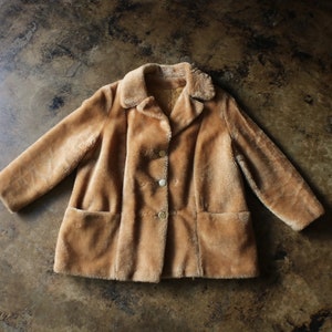 Vintage Faux Fur Coat / Tan Faux Fur Pea Coat / Women&#39;s Large