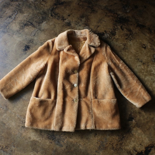 Vintage Faux Fur Coat / Tan Faux Fur Pea Coat / Women's Large