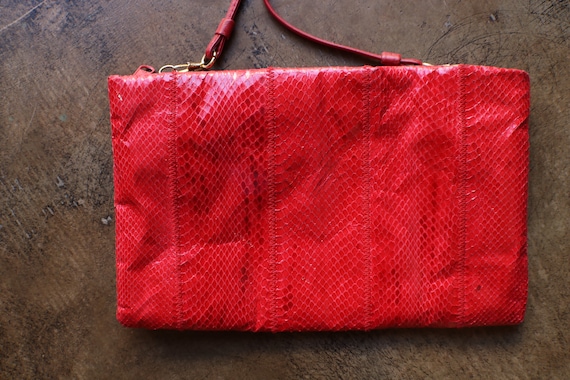 Red Leather Clutch / Vintage 80's Snake Skin Purse - image 2