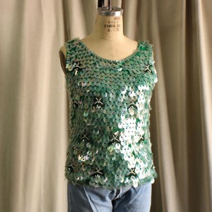 50&#39;s Beaded Shirt / Sleeveless Sequin Blouse / Metallic Green Top