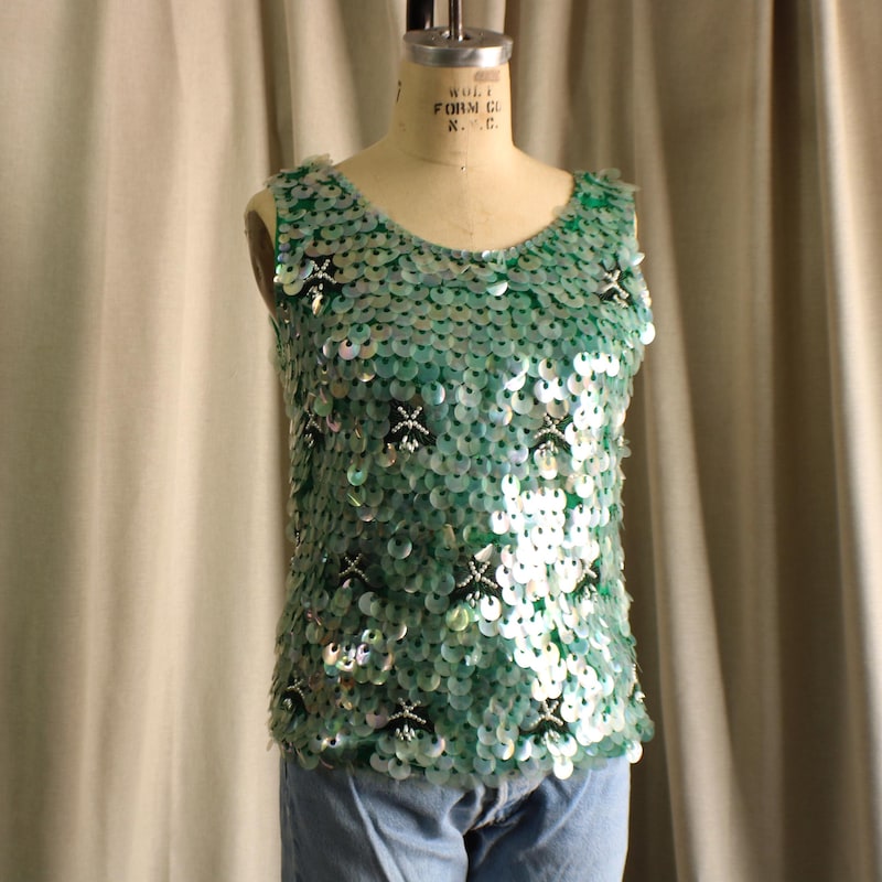 Vintage Sequin Blouse Black Silver Gold 10 12
