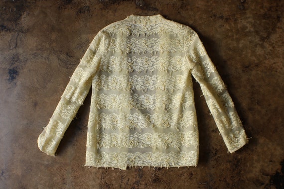 60's Beaded Shirt / Pale Yellow Lace Sequin Sheer… - image 5