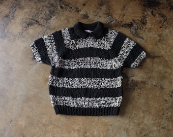 80's Textured Sweater, Striped Short Sleeve Knit Top - Women's Medium to Large