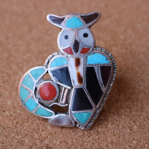 Zuni Owl and Moon Ring / Theodore Edaakie Sterling Silver Inlay Jewelry / Vintage Size 5 1/2 Ring