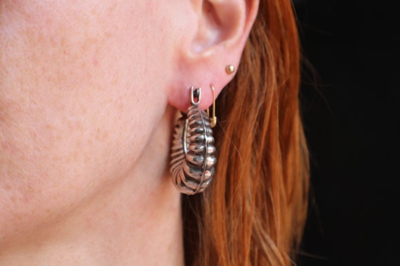 Puffy Sterling Hoops / Large Ribbed Silver Hoops … - image 4