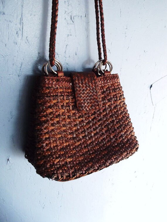 Items similar to Vegan Basket Bucket Bag Brown Woven Faux Leather on Etsy