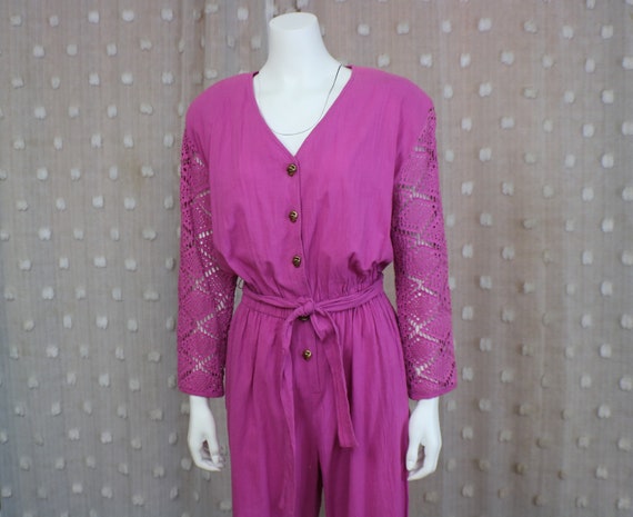 Vintage Fuchsia Jumpsuit / 80's Cotton Pant Jumps… - image 1