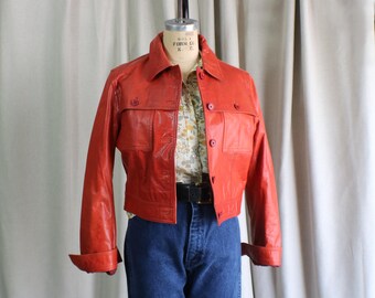 Vintage Cropped Leather Jacket , Amber Colored Women's Small