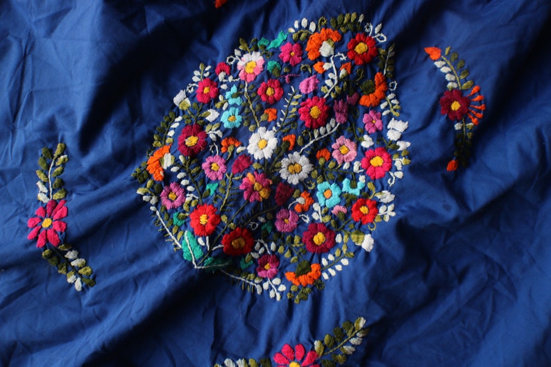 Vintage Embroidered DRESS Bright Blue Shift Dress Floral Embroidered Dress Long Summer Dress Large to Extra Large