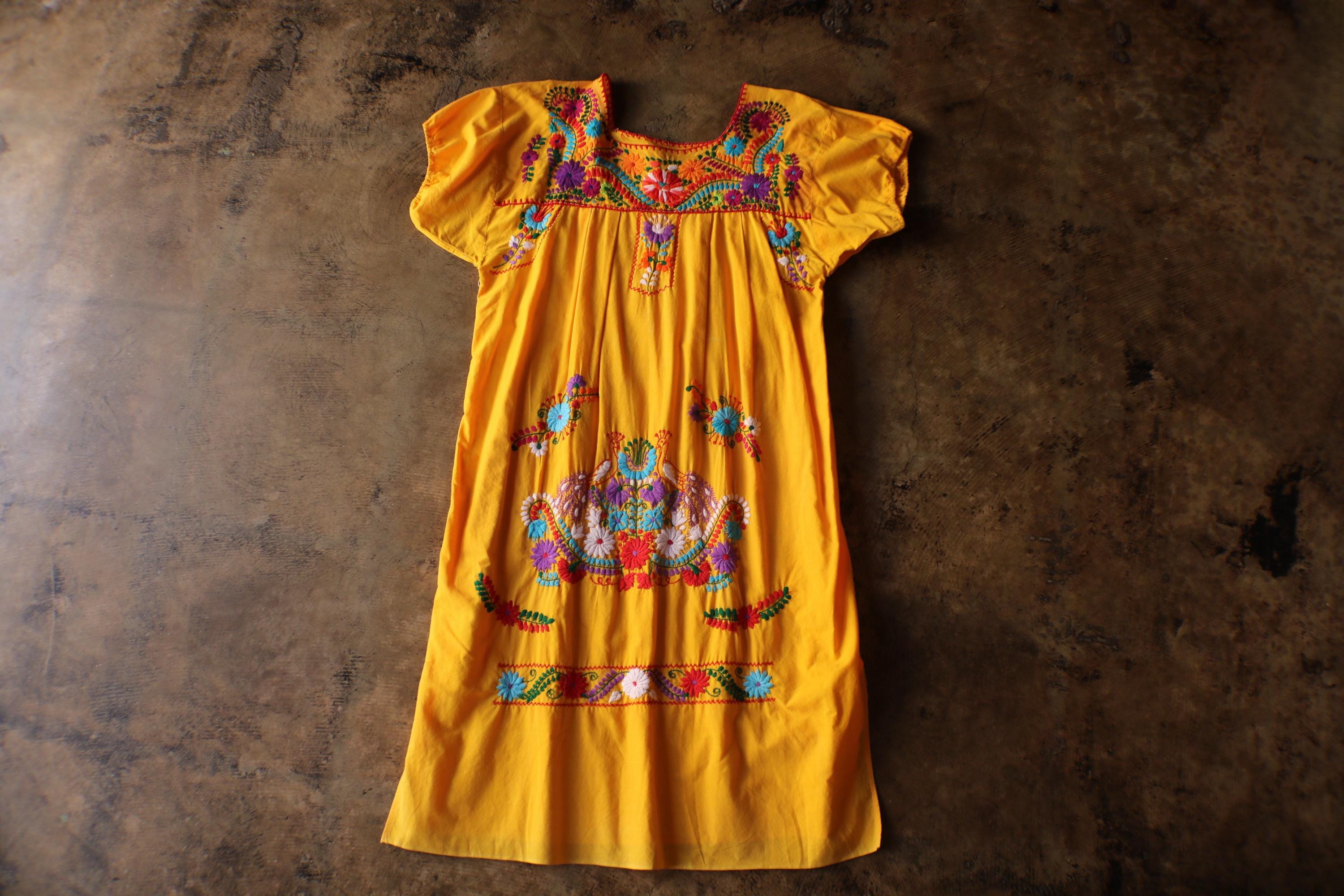 Vintage Embroidered Yellow DRESS / Mexican Dress With