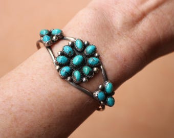 Turquoise Cluster BRACELET , Vintage Sterling Silver Cuff , Southwest Style Jewelry