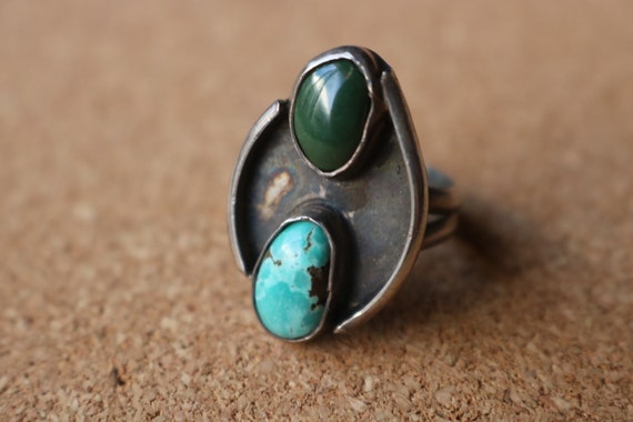 Turquoise Ring, Vintage Double Stone Sterling Sil… - image 2