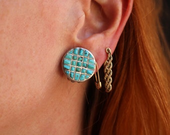 Turquoise Cluster EARRINGS / Vintage Southwest Jewelry / Clip On Sterling Earrings
