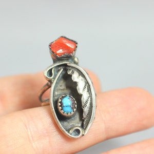 Southwest Sterling Ring / Sliver Turquoise and Coral Ring Size 5 1/2