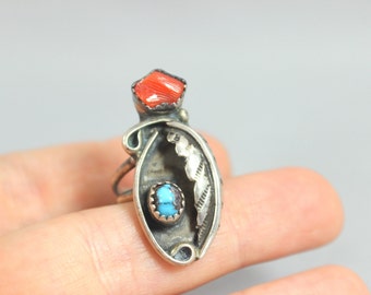 Ring Southwest Sterling Sliver Native Turquoise and Coral