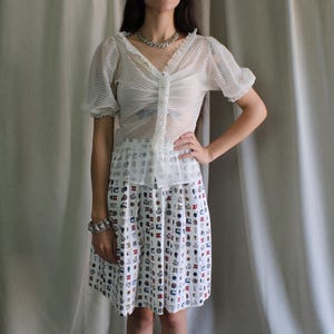 1950's Printed Skirt / Vintage Nautical Print Full Skirt / Women's Extra Small Pleated Skirt