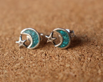 RESERVED Star and Moon Post Earrings  / Small Sterling Earrings / Vintage Celestial Jewelry