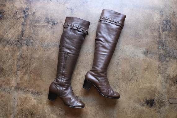 70 s Leather Tall BOOTS Knee High Vintage Boots Women s Brown Leather Go Go Boots Size 6 Etsy