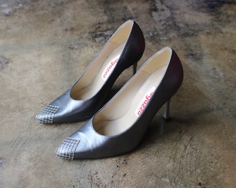 Silver Leather Heels, Women's Size 7 M Vintage Stilettos, 80's