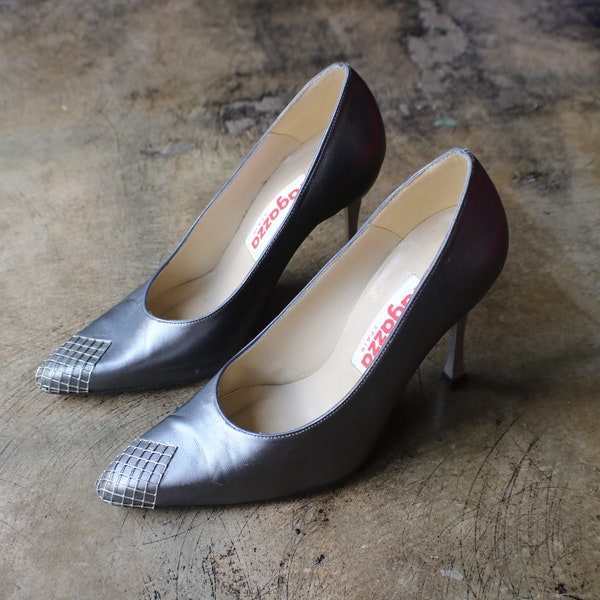 Size 7 M / Silver Spiked Heel Stilettos / 80's Metal Toe Metallic Leather High Heel's