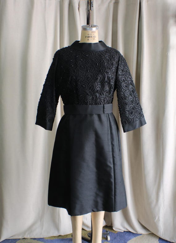 Vintage Black Silk Dress , Beaded Evening Dress ,… - image 3