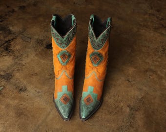 9 1/2 Women's Cowboy BOOTS , Brown and Turquoise Leather Boots - Western
