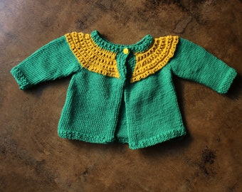 Children's SWEATER / Turquoise and Yellow Handmade Knit / Vintage Toddlers Cardigan 4T to 5T