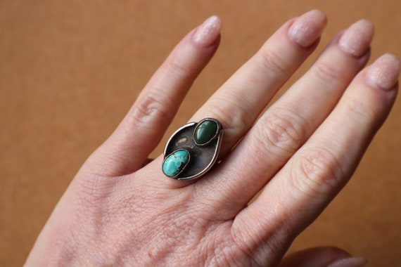 Turquoise Ring, Vintage Double Stone Sterling Sil… - image 7