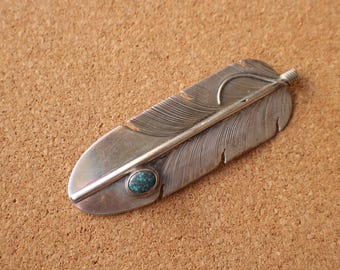 Sterling Feather Brooch / Navajo Turquoise Silver Pin / Vintage Lena Platero Jewelry