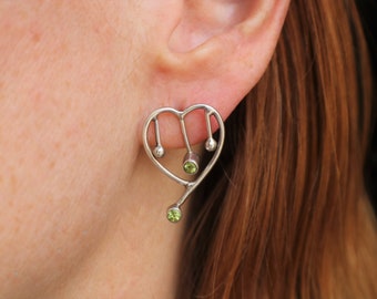 Sterling Dripping Heart Earrings / Green and Silver 90's Earrings