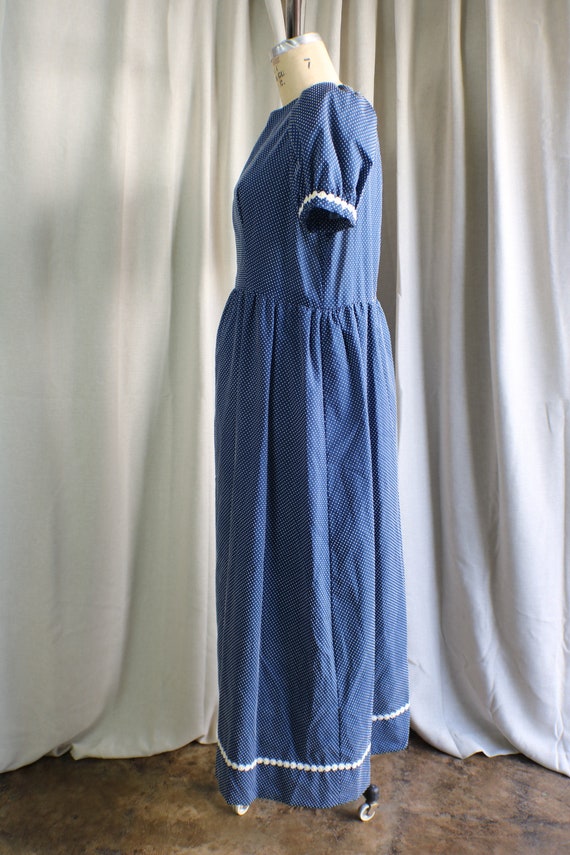 Vintage 70's Swiss Dot Maxi Dress, Navy Blue and … - image 9