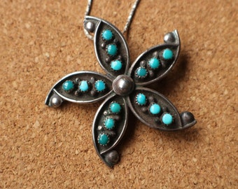 Turquoise Blossom NECKLACE / Vintage Brooch Pendant / Sterling Silver Pin Wheel Necklace