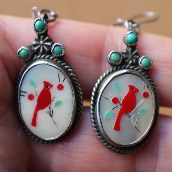 Robin Earrings / Southwest Colorful Inlay Earring / Vintage Sterling Bird Jewelry