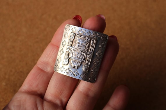 Vintage Sterling Mayan Brooch , Square Inca Pin