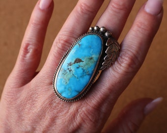 Large Stone Turquoise RING , Vintage Southwest Ring Size 8 1/4 , 1970's Jewelry