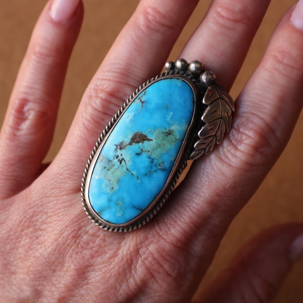 Large Stone Turquoise RING , Vintage Southwest Ring Size 8 1/4 , 1970's Jewelry