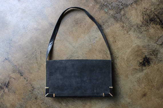 Vintage Black Suede Purse / 60's Long Rectangle L… - image 1