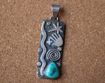 Turquoise Petroglyph Pendant / Navajo Sterling Jewelry  / Alex Sanchez hand Pendant