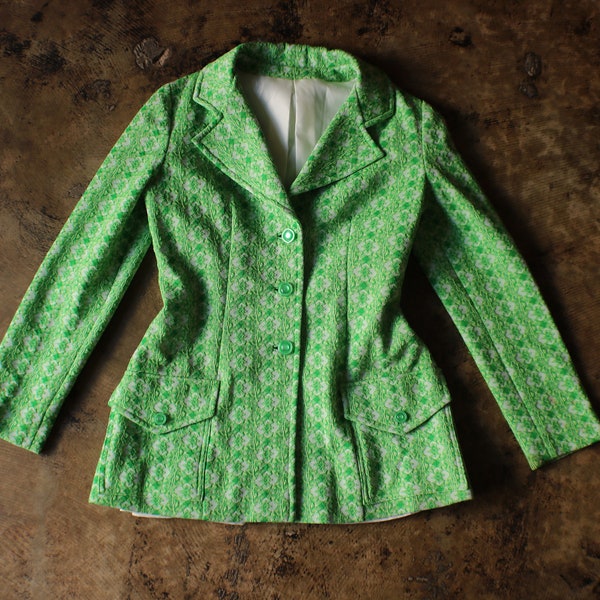 70's Green Blazer / Vintage Patterned Jacket / Women's Medium Blazer