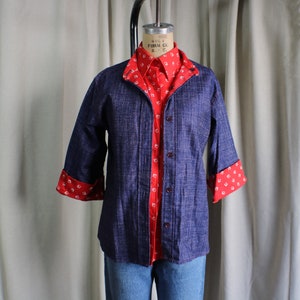 70&#39;s Denim Print Jacket and Shirt / Red White and Blue Reversible 2 Piece Top / Women&#39;s Medium