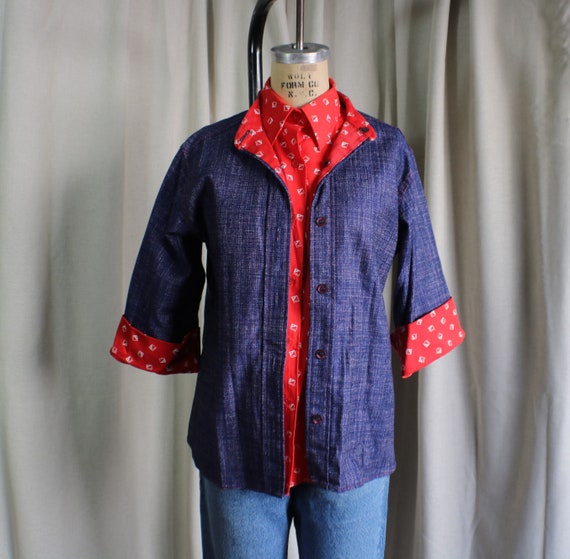 70's Denim Print Jacket and Shirt / Red White and… - image 1