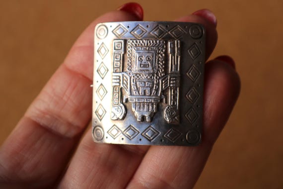 Vintage Sterling Mayan Brooch , Square Inca Pin View 2